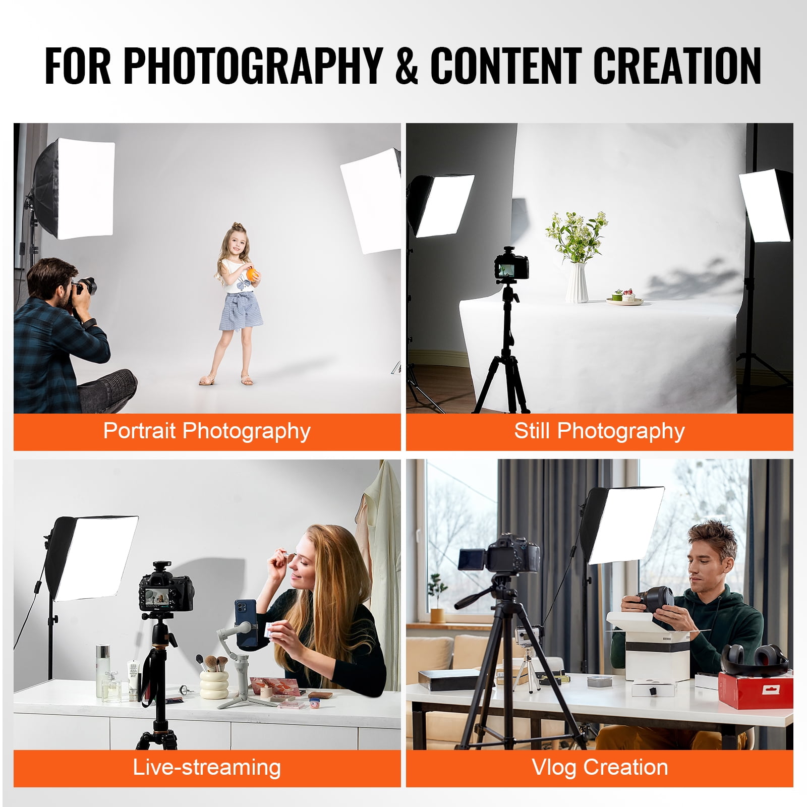 VEVOR Softbox Lighting Kit, 16" x 16", Professional Softbox with 45W LED Bulbs, 3000-6500K Adjustable Color Temperature, Tripod Stand, Studio Lights for Photography, Vedio Recording, Live Streaming