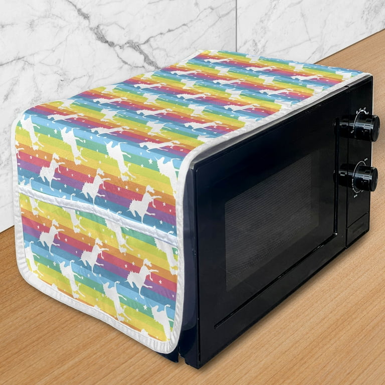 Unicorn Microwave Oven Cover, Magic Ideas Theme Colorful Stripes