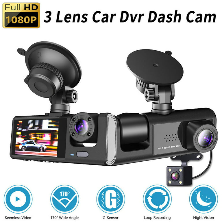 Justhard Auto 3 Lenses Dash Cam Loop Recording Movement Detection Memory  Card Battery Powered Rechargeable Wide Angle USB 2.0 Camera 