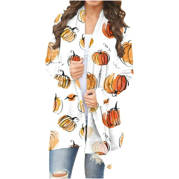 Odeerbi Halloween Pumpkin Cardigan for Women Vintage Fall Open Front Cardigan 2025 Casual Sexy Fashion Print Long Sleeve Coat Blouse White