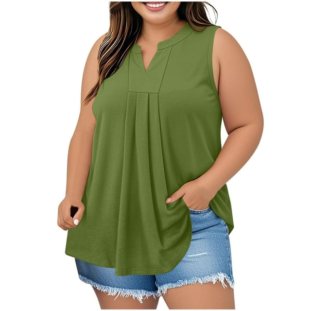 Posijego Débardeurs Grande Taille pour Femmes Blouse Habillée Col en V Sans Manches Plissée Décontractée pour le Travail