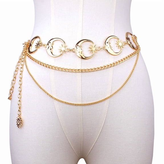 Alloy Moon 3-Layer Waist Chain Belts Women Metal Link Chain Belts for Pants Dresses Golden 400~1100mm