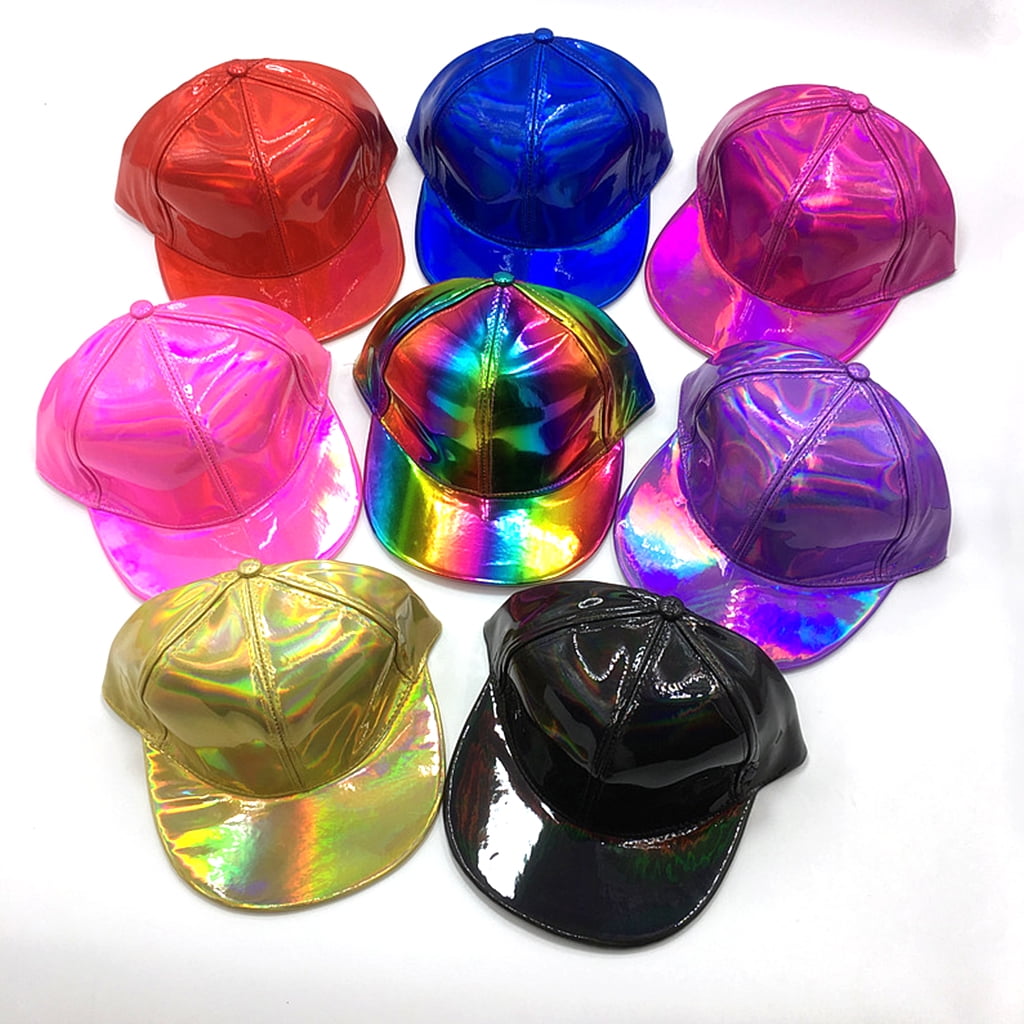 OOKWE Women Men Holographic Faux Leather Baseball Cap Shiny Rave Metallic  Reflective Rainbow Hip Hop Flat-Brimmed Visor Snapback Hat | Snapback Caps