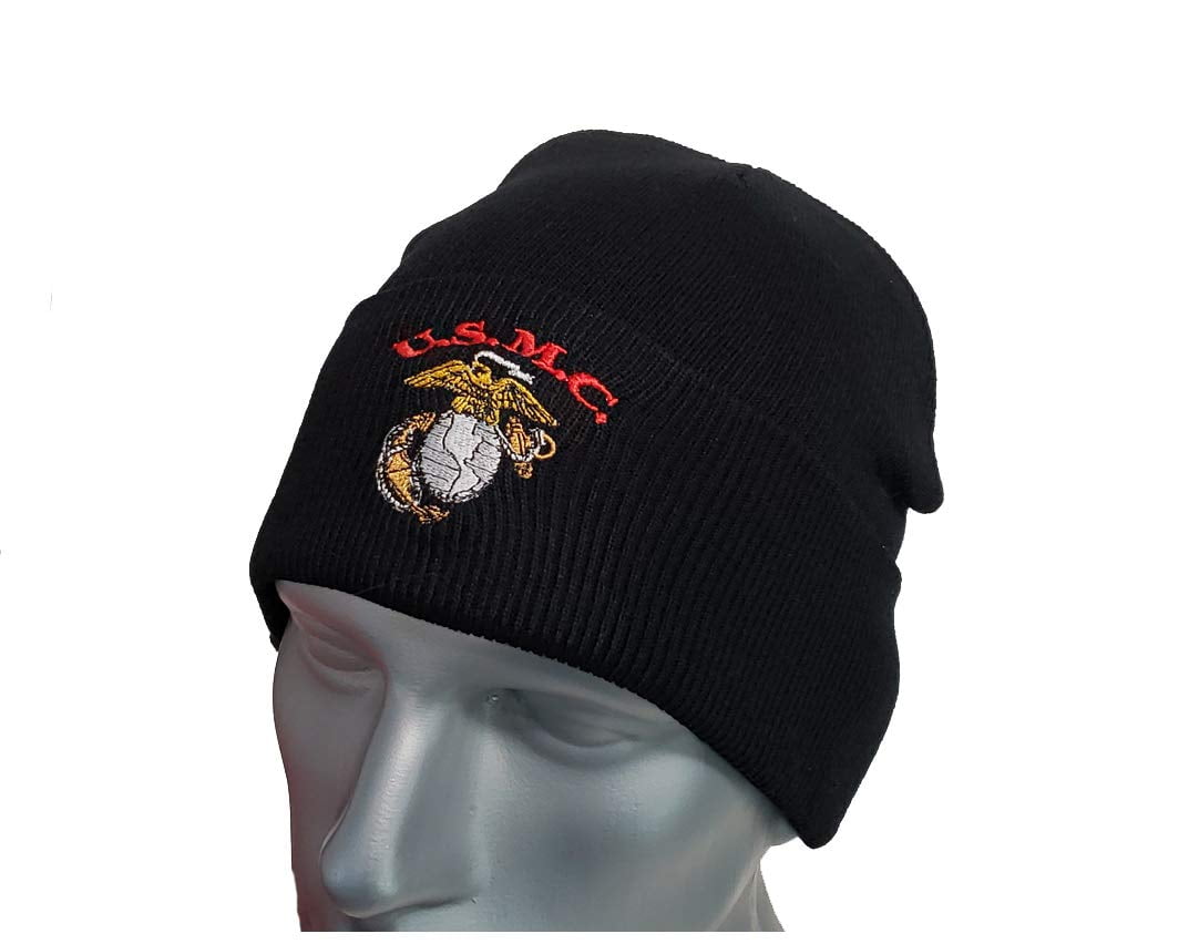 Made in USA USMC Black Marines Marine Corps EGA Cuffed Beanie Hat Cap WCAP030