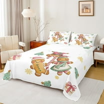 Feelyou Kawaii Gingerbread Man Bed Sheets, Christmas Tree Snowflake King Sheets, Teens Boys Girls Kids Sheet Set, Microfiber Bedroom Decor, 4pcs