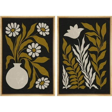 IDEA4WALL Framed Canvas Print Wall Art Set Black & Gold Botanical Sophisticated Floral Illustrations Abstract Botanical Fine Art Wall Decor Minimal Nordic Artwork for Home Decor - Natural 16"x24"x2