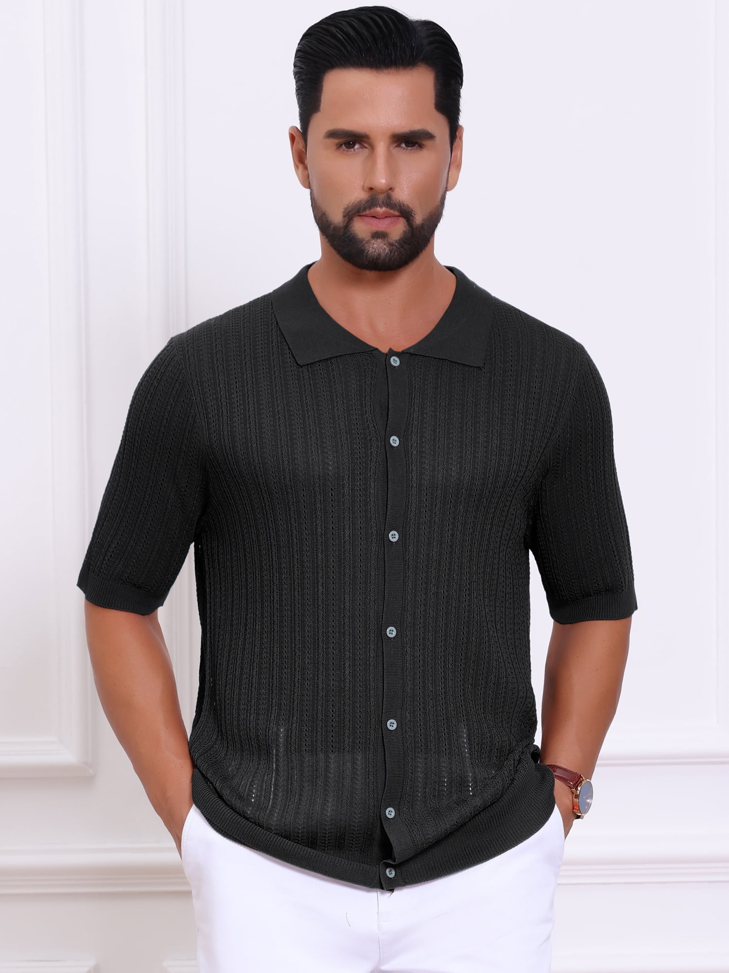 DARING DIVA Men's Striped Summer Short Sleeve Knitted See Through Shirts S Black