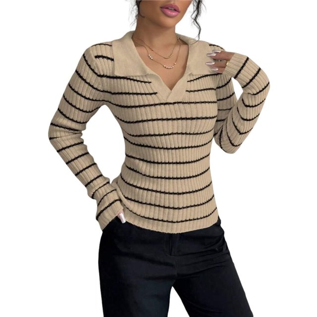 Suéteres de Cuello en V A Rayas para Mujer, Suéteres de Punto Acanalados de Larga con Cuello, Prendas de Punto Caqui M