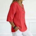 thumbnail image 4 of OIOLOYJM 3/4 Length Sleeve Womens Tops V Neck Cotton Linen 3 Button T Shirts Spring Summer Beach Casual Boho Vacation Tops Red L, 4 of 6