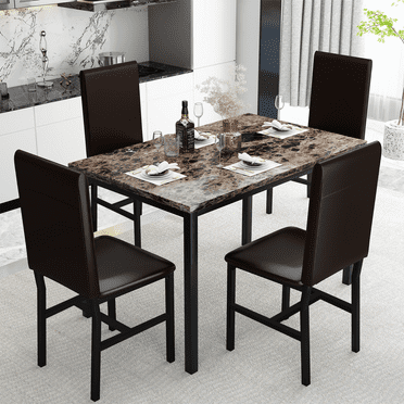 AWQM 5 Piece Dining Table Set, Faux Marble Kitchen Table with 4 PU Leather Upholstered Chairs, Rectangle Dinner Table and Chairs for 4, Dining Set for Bar, Dining Room, Brown