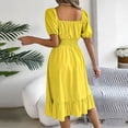 thumbnail image 5 of WRKEKC Summer Dresses for Women Solid Square Neck Puff Sleeve Elastic Smocked Waist Ruffle a Line Midi Flowy, 5 of 7