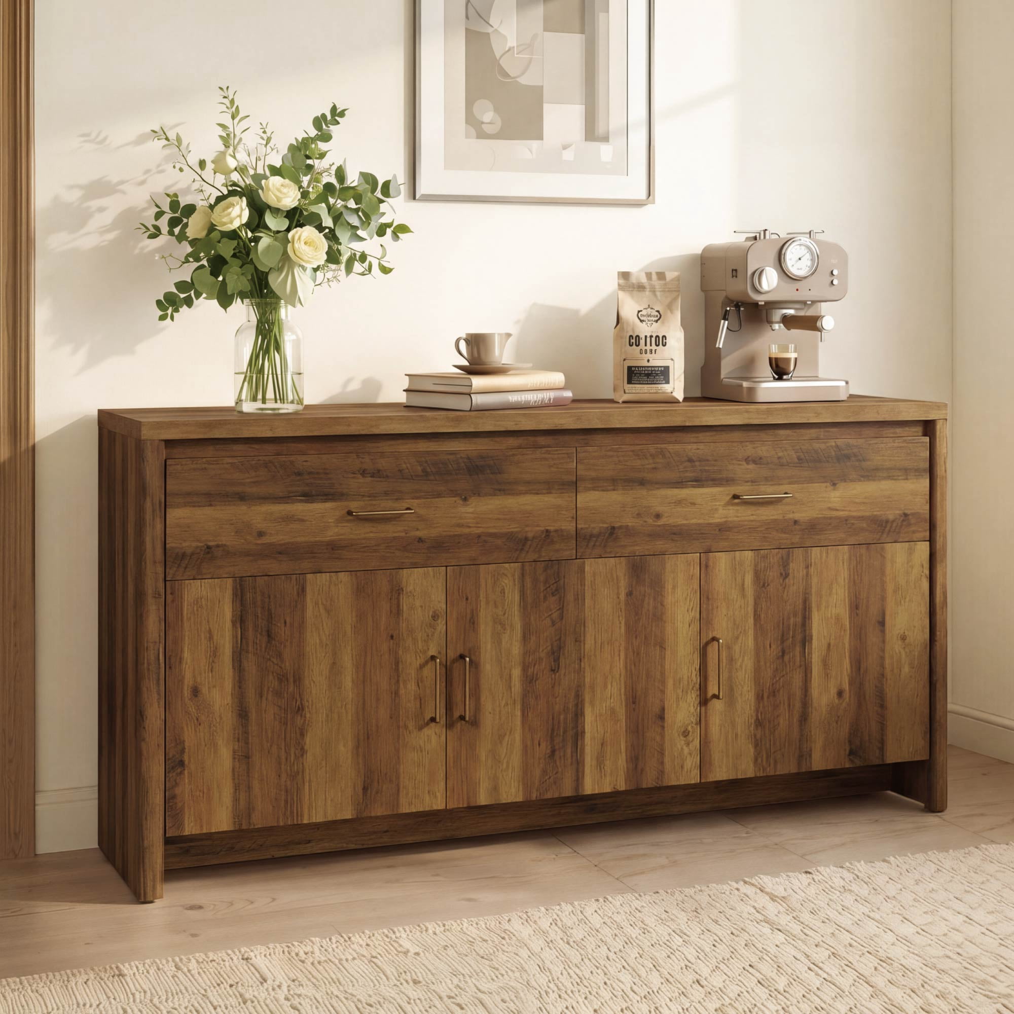 Spruce & Spring 59" Curved Sideboard Buffet Cabinet with Storage, Modern 3-Door 2-Drawer Credenza for Dining Room Living Room Entryway, Oak