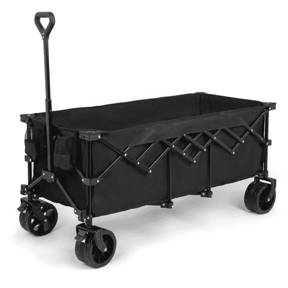 JIOABL 300L Folding Wagon Cart with 440lb Capacity, Big 7" All-Terrain Wheels & Drink Holders, Black