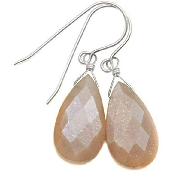 Sterling Silver Peach Moonstone Earrings Faceted Pear Simple Teardrops Shimmery Sparkle Briolettes Designed for Adult Women and s