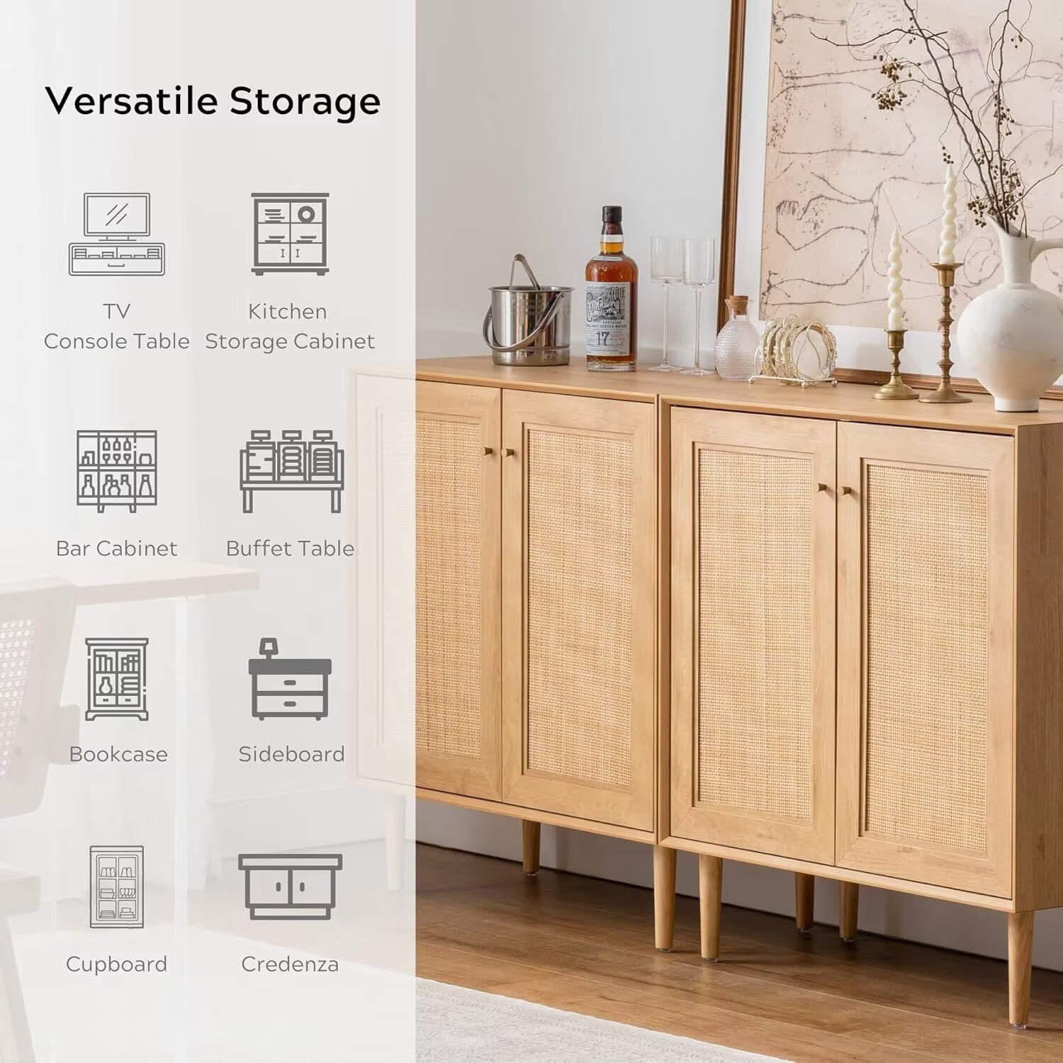 EYYTHUNG Storage Cabinet Set of 3 with Rattan Doors, Farmhouse Sideboard Cabinet Accent, Natural Oak