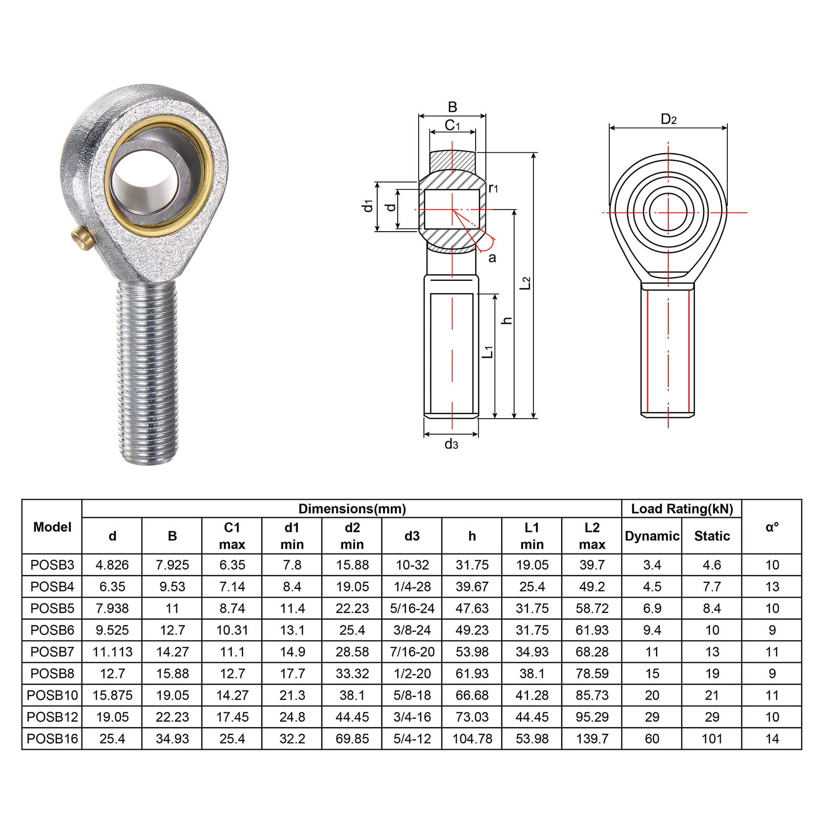 Unique Bargains Male Rod End Right Hand Thread Self-Lubricating Joint Rod Ends 78.59mm