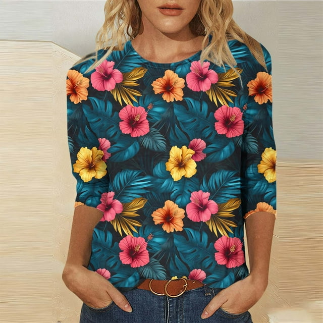 Xuyuer Women's Spring Summer Hawaiian Print Loose Casual Round Neck 3/4 Sleeve T-Shirt, Floral Pullover Top for Beach Vacations, Tropical Parties and Summer Holiday Style