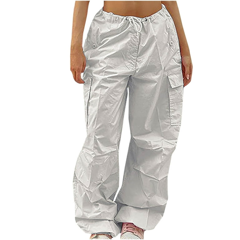 JWZUY Baggy Parachute Pants for Women Drawstring Elastic High Waist Ruched  Cargo Pants Multiple Pockets Jogger Pants White XXXL 