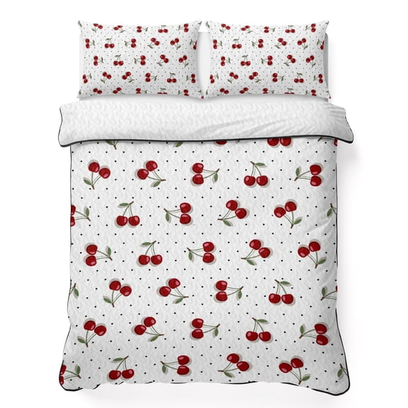 Quilts King Size Bedding Set, Cherry Lightweight Quilted Comforter, Modern Simple Red Berry Fruit Branches Dots Soft Reversible Bedspread Coverlet with Pillow Covers for All Season, 96" x 106"