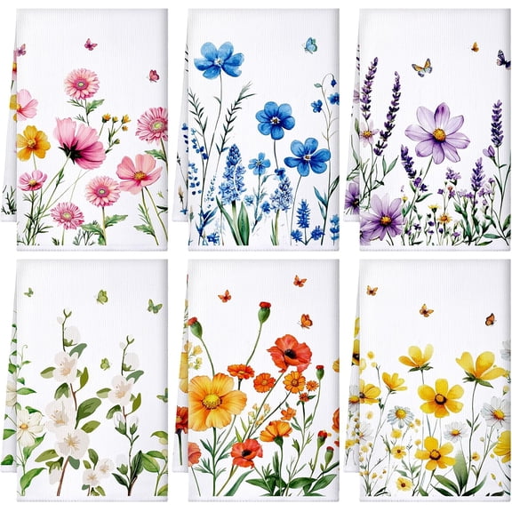 6 Pieces Wildflower Kitchen Towels Absorbent Dish Towels Decorative Tea Washcloth for Spring Summer Kitchen Bathroom Home Decor 16x24 inches
