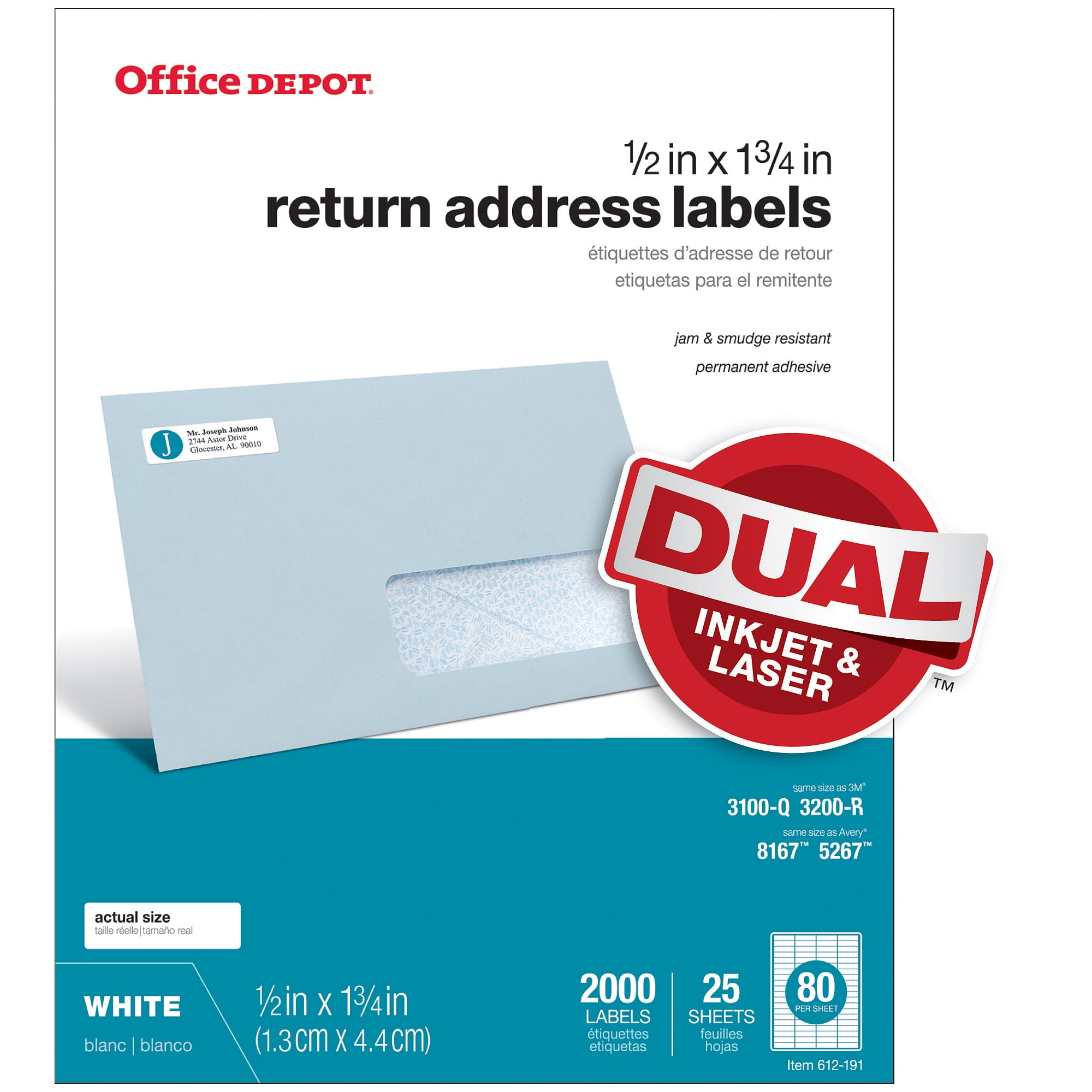 Office Depot White Inkjet/Laser Return Address Labels, 1/2in. x 1 3/4in.,  Pack Of 2,000, 505-O004-0001 