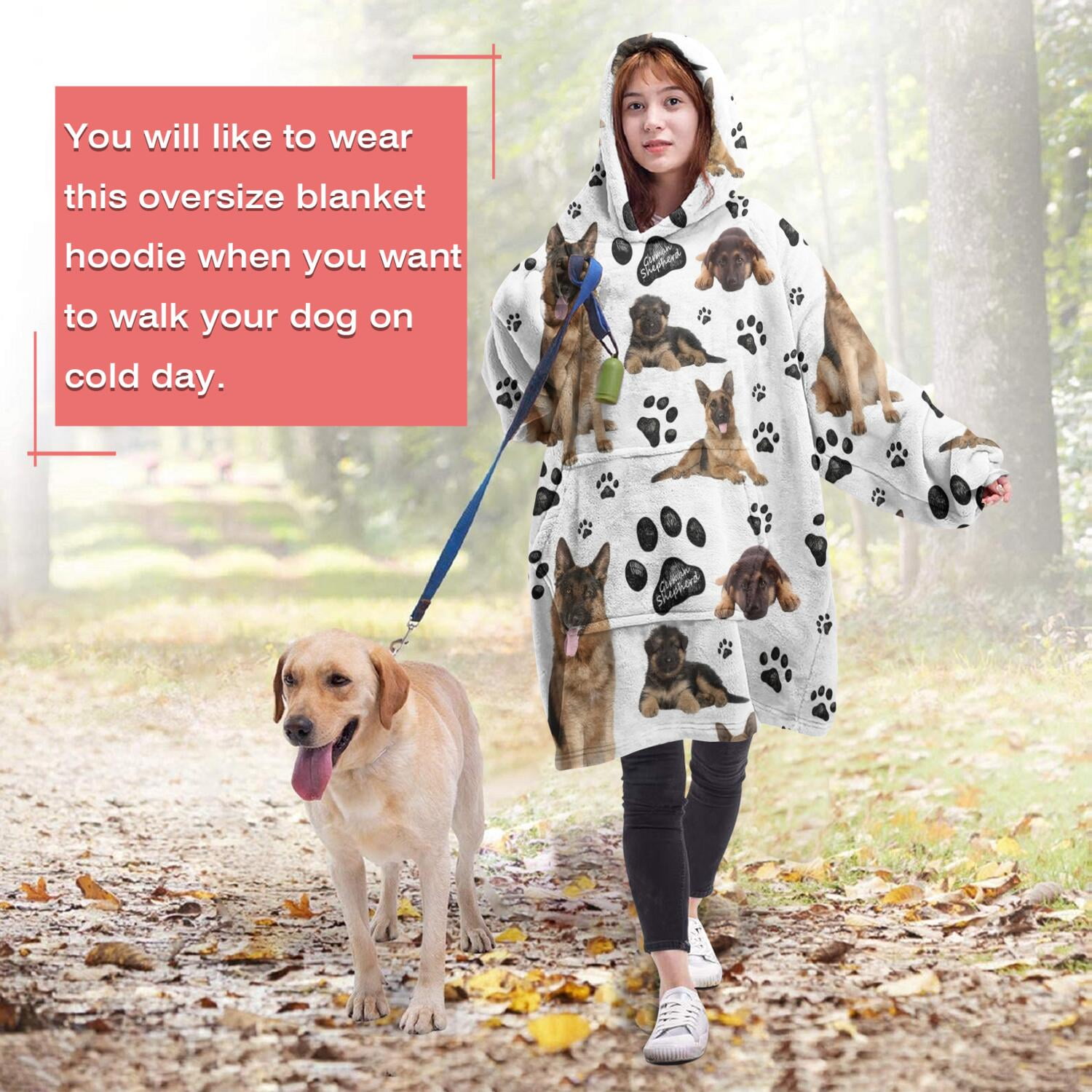 German Shepherd Dog and Footprint Wearable Oversized Blanket,Wearable Blanket Hoodie for Adults,Cozy Hooded Blankets with Super Pockets,Super Warm Fuzzy Pullover for Women & Men