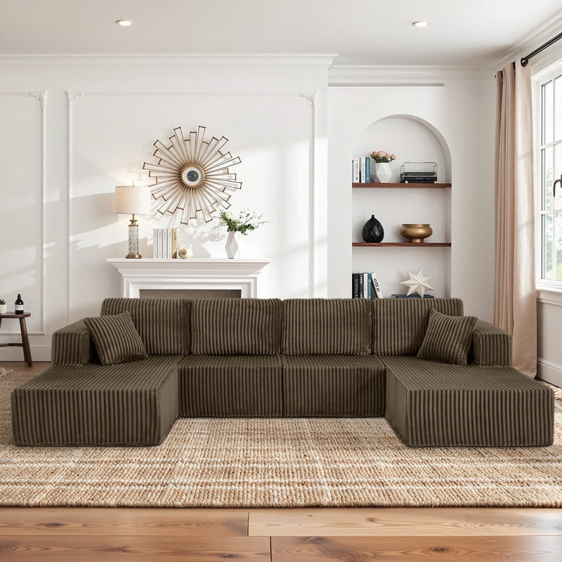 161" Oversized U Shaped Modular Sectional Sofa, Compressed Sofa in a Box, Modern Corduroy Deep Seat Couch, No Assembly Large Sectional Sofa for Living Room, Apartment, Bedroom, Brown