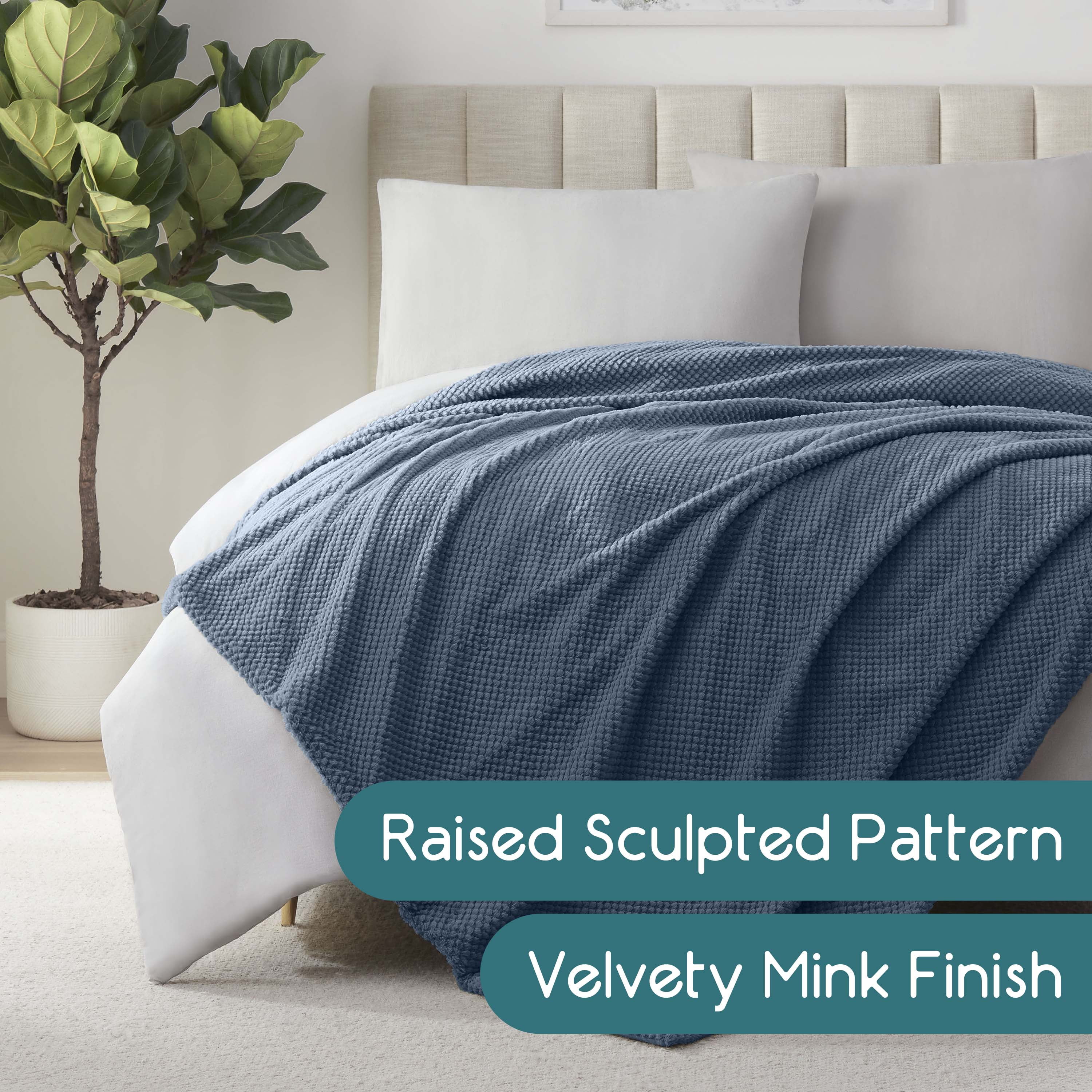 Vellux King Plush Texture Blanket | Ultra Soft Lightweight All-Season Throw | Denim