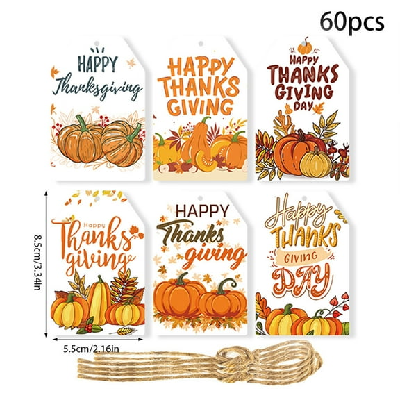 Monebena 60 Pcs Thanksgiving Autumn Gift Tags Happy Thanksgiving Day Pumpkin Maple Leaves Theme Paper Hanging Craft Label for Fall Harvest Party Holiday Letters Gift Wrapping Decoration M01