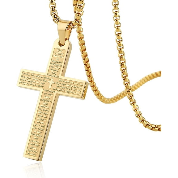 Stainless Steel Mens Womens Cross Necklace Lord's Prayer Pendant, 4 Colors Available