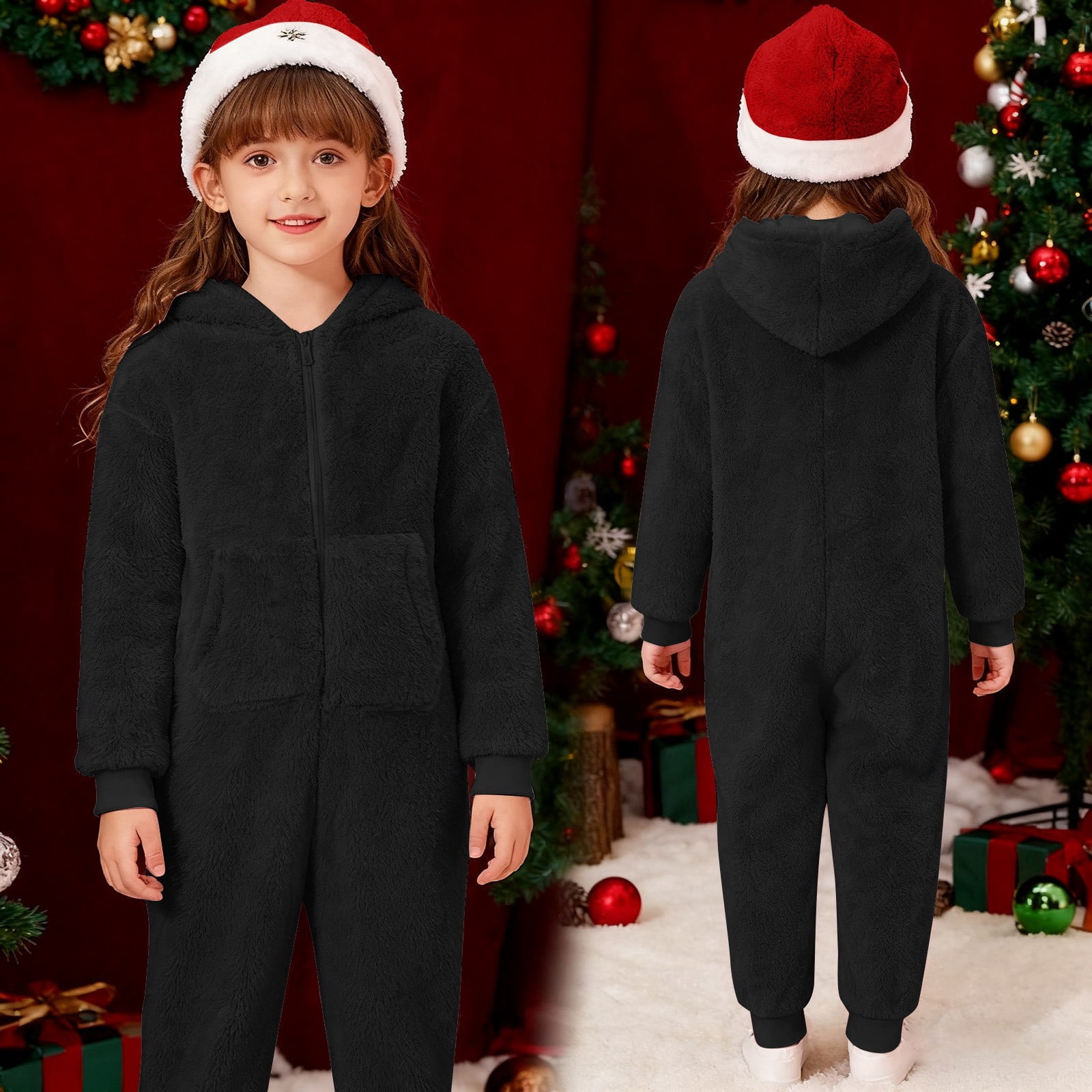 Adeawade Child Onesie For Boys 5-6 Years Long Sleeve Round Neck Boys Warm Hooded Onesie Jumpsuit Winter Warm Lined Pajama Outfit For Toddler Kids Trend Playsuit Black
