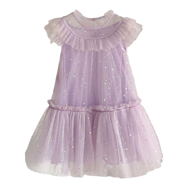 Rhuody Robe de Printemps pour Fille Col Rond Tout-Petit Manches Volantées Étoile Lune Robe à Paillettes Danse Fête Volants Robe d'Été Combinaison Basique Violet 2-3 Ans