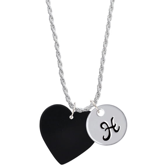 Delight Jewelry Acrylic 1" Black Heart Silvertone Script Initial Disc - H - Charm Necklace, 20"+3"