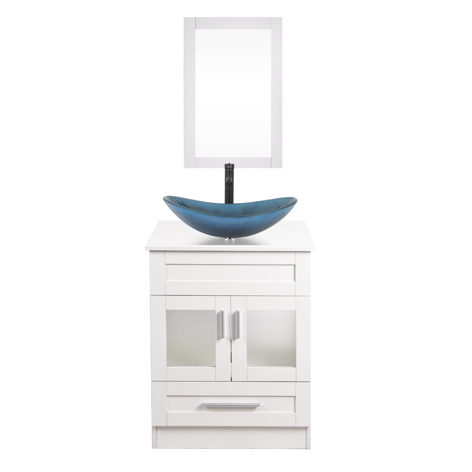 ELECWISH 24-Inch Bathroom Vanity in White with Mirror and Vessel Sink Set, Modern Stand Pedestal Cabinet with Glass Sink Set