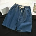 thumbnail image 6 of tasrioml Men Denim Shorts Elastic Waist Drawstring Straight Wide Leg Summer Shorts Solid Color Thin Loose Fit Casual Shorts, 6 of 8