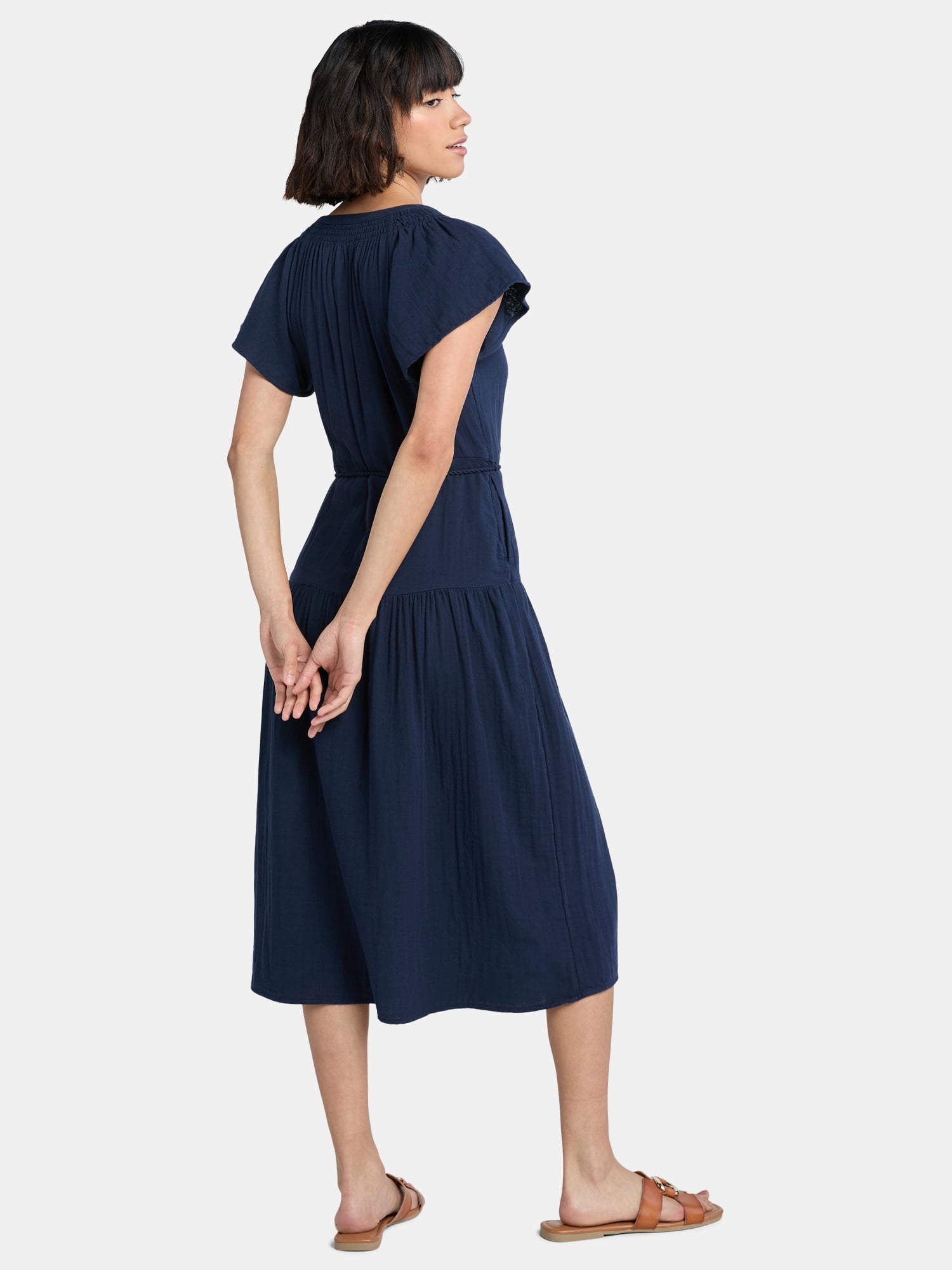 Time and Tru Women's Double Cloth Cotton Midi Dress, Sizes XS-XXXL