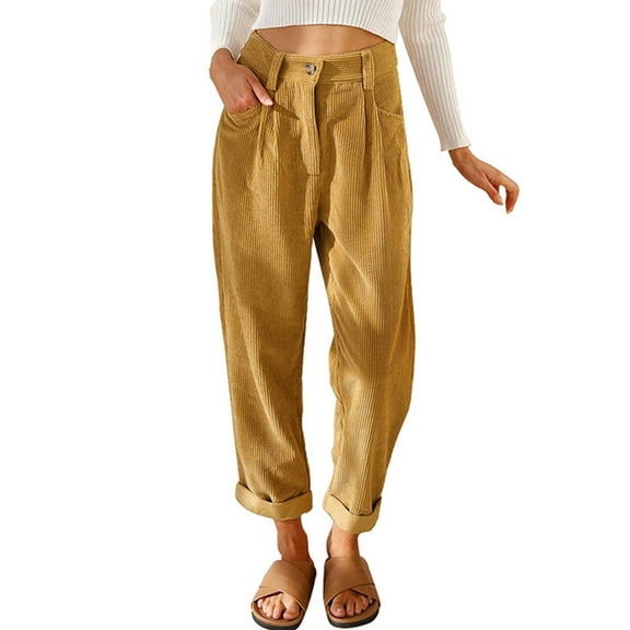 SHIBEVER Womens High Waisted Pants Work Corduroy Pants Fall Streetwear Straight Leg Trousers Loose Fit Slacks with Pockets Khaki