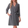 thumbnail image 2 of JWD Womens Waffle Wrap Robe V Neck Tie Waist 3/4 Sleeve Lounge Nightgown Soft Sleepwear Dark Gray 2XL, 2 of 6