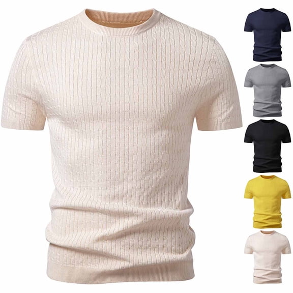 FRSASU Men's T-Shirts Short Sleeve Knit Casual Crewneck Ribbed Soft Breathable Slim Fit Tee for Daily Wear Yellow