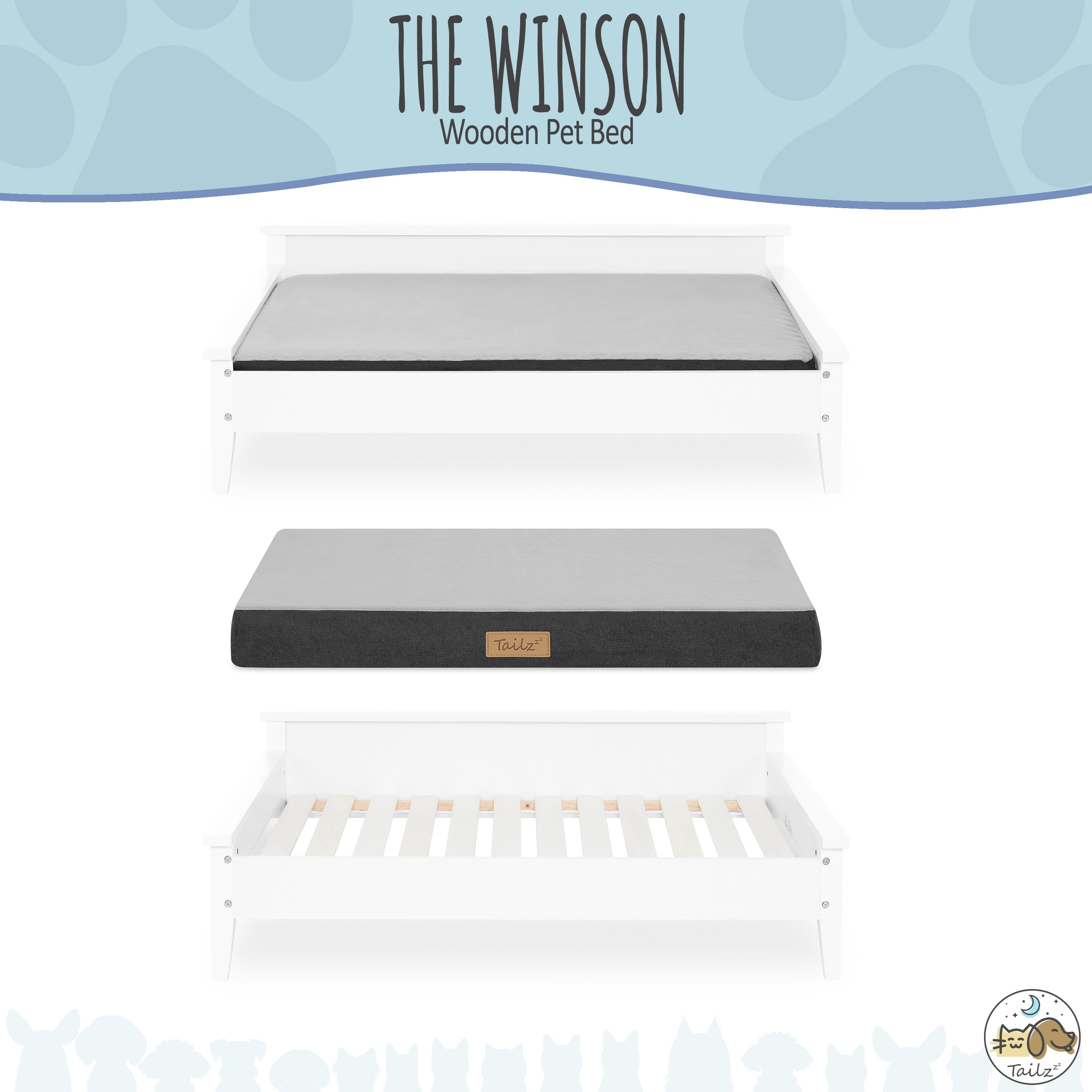 TailZzz Winston Large Elevated Wooden Pet Bed with Mattress, White