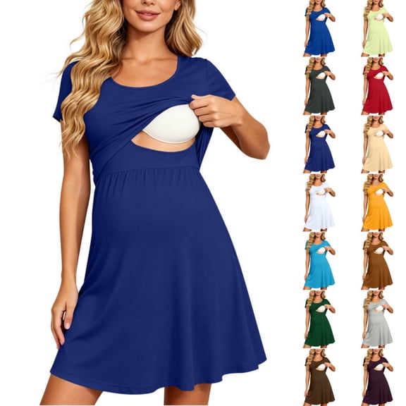 Byworldtasic Women's Round Neck Short Sleeve Maternity Nursing Dress Breastfeeding A-Line Knee Length Dress