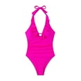 thumbnail image 2 of YueHuiYing Women Solid-Color V Neck One Piece Swimsuit Halter Backless Ruched Tummy Control Bathing Suit, 2 of 5