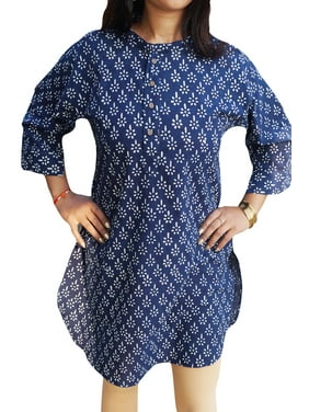 Mogul Womens Always the Fun Blue Floral Print Cotton Dress Button Front Ethnic Indian Tunic Sundress L