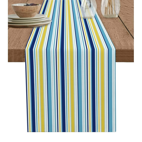 Blue Yellow Striped Table Runner Farmhouse Navy Blue Ombre Stripes Tablerunners 13 x 72 Inch, Table Decorations Tabletop Scarf for Summer Gathering Holiday Farmhouse Kitchen Dining Decor