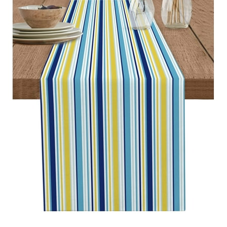 

Blue Yellow Striped Table Runner Farmhouse Navy Blue Ombre Stripes Tablerunners 18 x 72 Inch Table Decorations Tabletop Scarf for Summer Gathering Holiday Farmhouse Kitchen Dining Decor