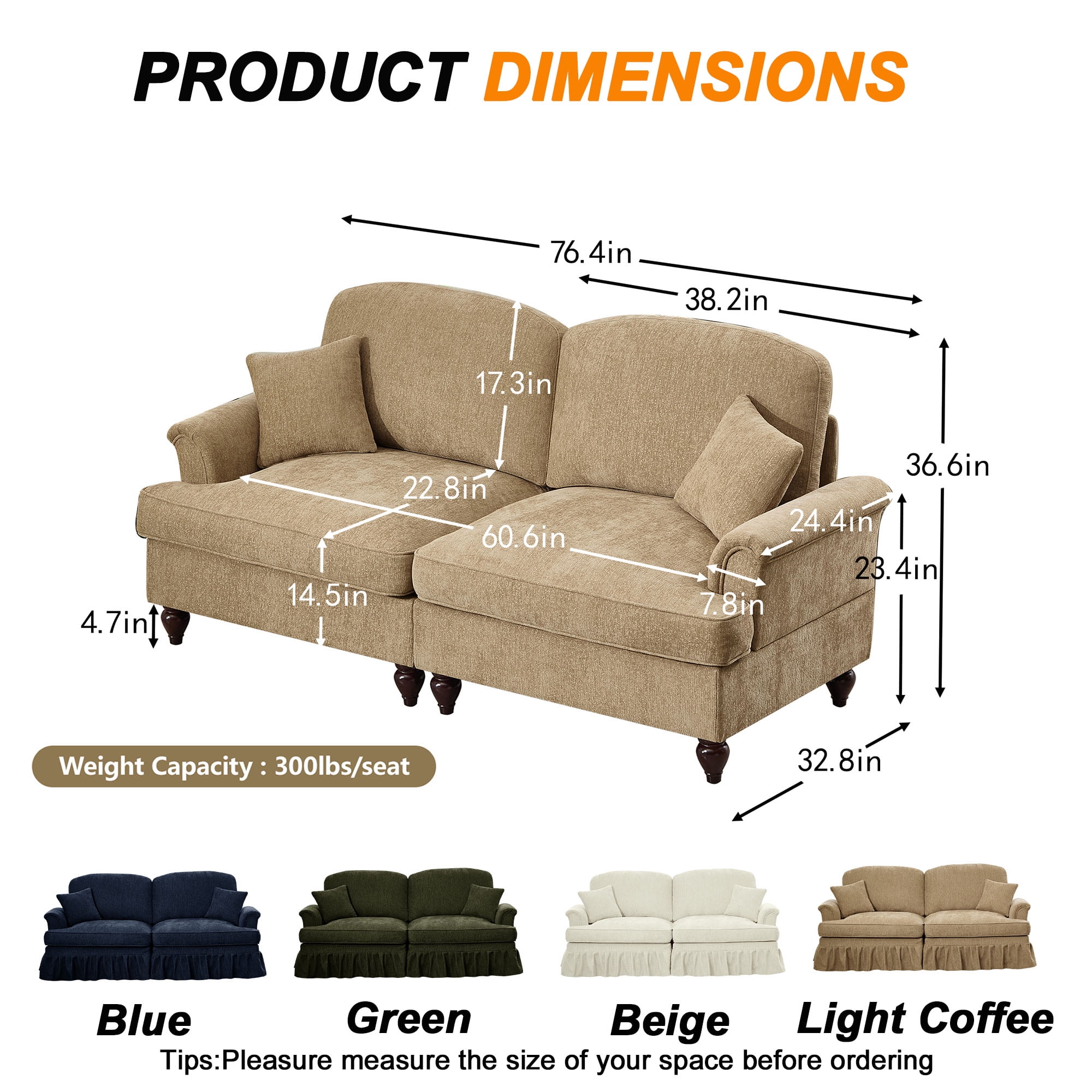 Firscook 76” Chenille Loveseat Sofa, Oversized Couch for Living Room, Light Coffee