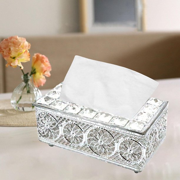 Cubierta de caja de pañuelos de cristal, caja de papel decorativa para inodoro, servilletero de cristal, soporte de caja de pañuelos faciales para bañ 20x11x9cm Plata BLESIY titular de tejido de cristal