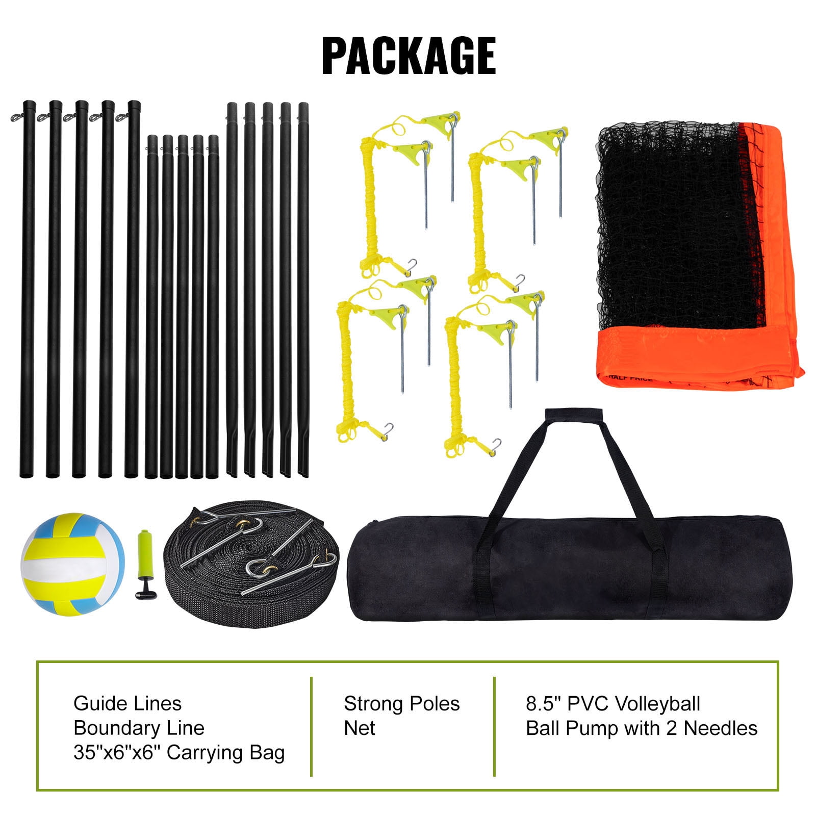 KFFKFF 14x14ft Four Square Volleyball Net Set, 4-Way Steel Poles Portable Badminton Volleyball Nets w/Carrying Bag & 8.5in PVC Volleyball for Backyard, Beach, Lawn
