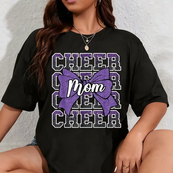 100% Cotton Cheer Mom Mama Bow Sport Cheerleader Cheerleading Purple T-Shirt
