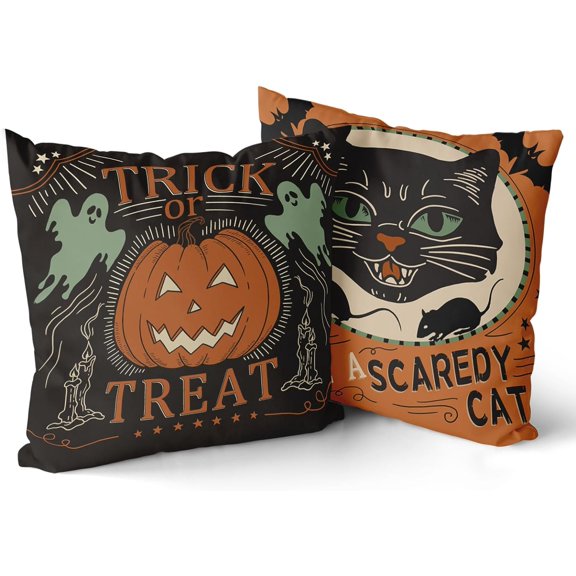 Halloween Pillow Covers 18x18 Set of 2 Vintage Halloween Decorative Scaredy Cats Pumpkins Trick Or Treat Throw Pillow Covers Farmhouse Pillowcases Cotton Cushion Cover Couch Bed Sofa Chair BZ